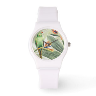 Palm-Blätter mit grünen Vögeln Armbanduhr