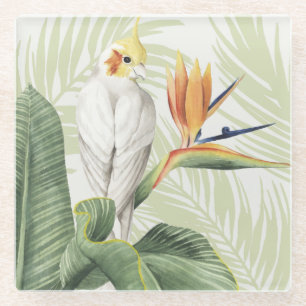 Palm-Blätter mit weißem Vogel Glasuntersetzer