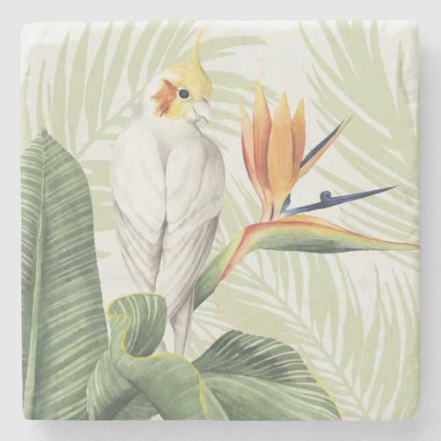 Palm-Blätter mit weißem Vogel Steinuntersetzer (Vorderseite)