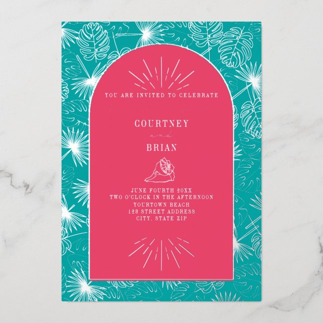 Palm Blätter Pink + Blue Beach Wedding Folieneinladung (Vorderseite)