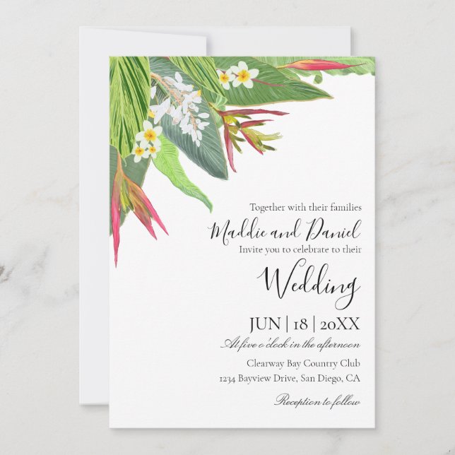 Palm Blätter Plumeria Tropical Elegante Hochzeit Einladung (Vorderseite)