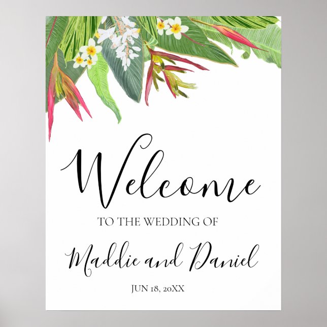 Palm Blätter Plumeria Tropical Elegante Willkommen Poster (Vorne)