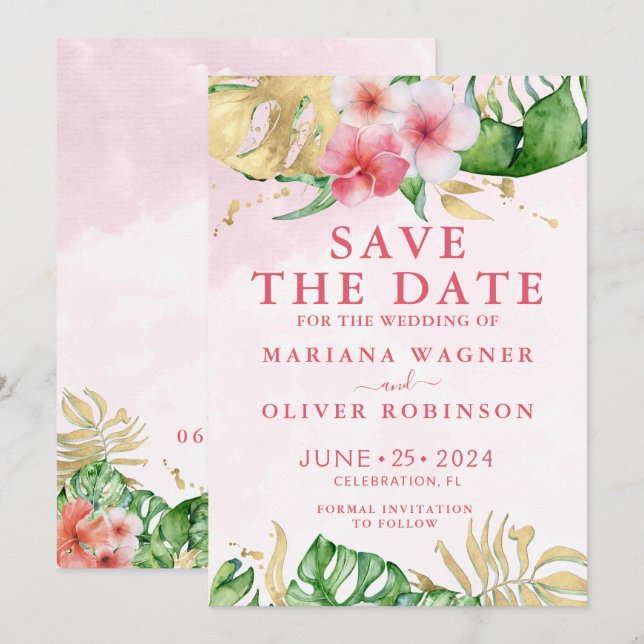 Palm Blätter Rosa Gold Save the Date Einladung (Vorne/Hinten)
