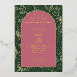 Palm Blätter Rosa + Grüner Strand Hochzeit Folieneinladung