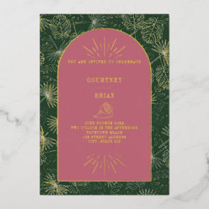 Palm Blätter Rosa + Grüner Strand Hochzeit Folieneinladung