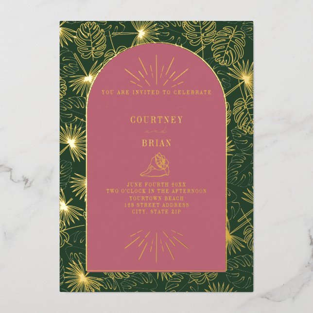 Palm Blätter Rosa + Grüner Strand Hochzeit Folieneinladung (Vorderseite)