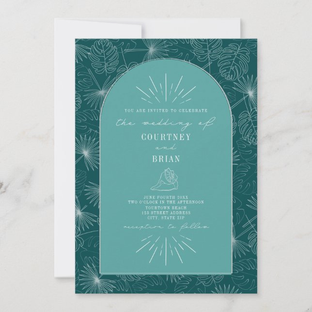 Palm Blätter Seashell Aquamarine Tropenhochzeit Einladung (Vorderseite)