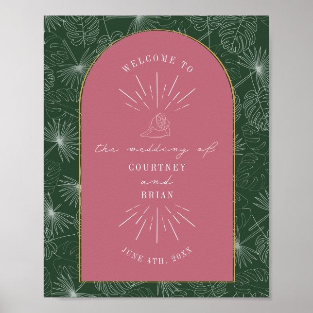 Palm Blätter Seashell Pink Green Wedding Willkomme Poster (Vorne)