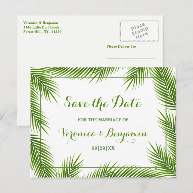 Palm Blätter Tropical Beach Hochzeit Save the Date Ankündigungspostkarte (Vorne/Hinten)
