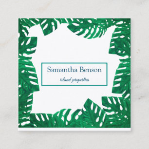Palm Blätter Tropical Island Green & White Square  Quadratische Visitenkarte
