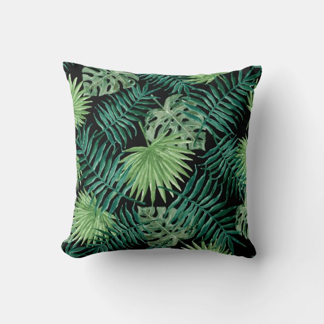 Palm Blätter Tropical Print Black Cushion Kissen (Vorderseite)