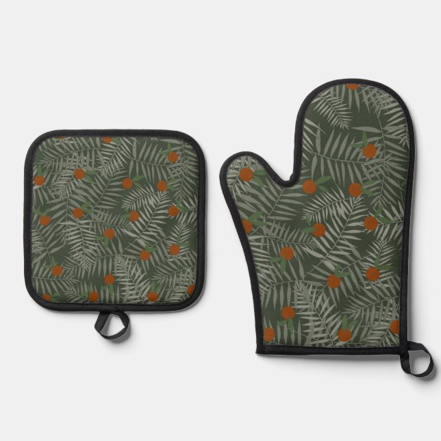 Palm-Blätter und Orangen Ofenhandschuh & Topflappen-Set (Vorderseite)