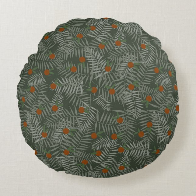 Palm-Blätter und Orangen Rundes Kissen (Vorderseite)