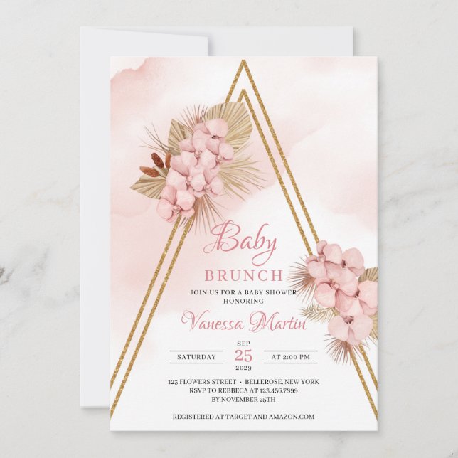 Palm Blush Orchid Gold Arch Baby Brunch Einladung (Vorderseite)