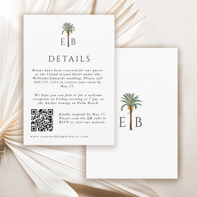 Palm Elegant Tropical Monogram Wedding Details Begleitkarte (Von Creator hochgeladen)