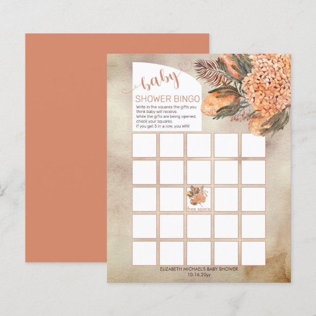 Palm Feuille Hydrangeas Girl Baby shower Bingo Car (Devant / Derrière)