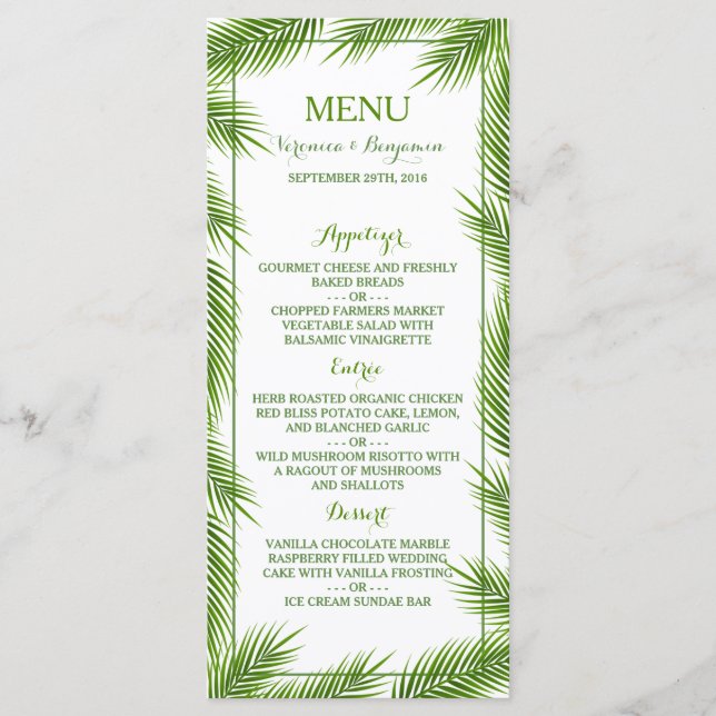 Palm Feuille Tropical Beach Wedding Menu (Devant)