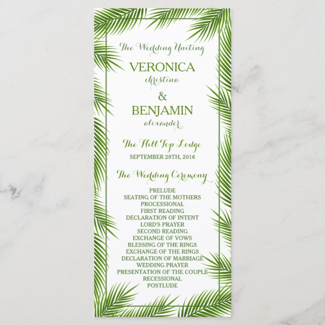 Palm Feuille Tropical Beach Wedding Programme (Devant)