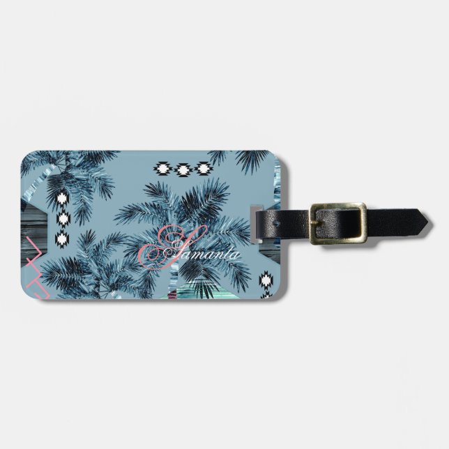 Palm Hawaiian Blue Monogram personalisiert Gepäckanhänger (Vorderseite horizontal)