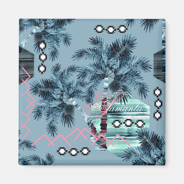 Palm Hawaiian Blue Monogram personalisiert Magnet (Vorne)