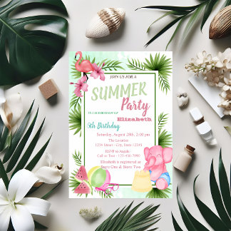 Palm Leaf, Blume, Flamingo, Watermelon Geburtstag Einladung