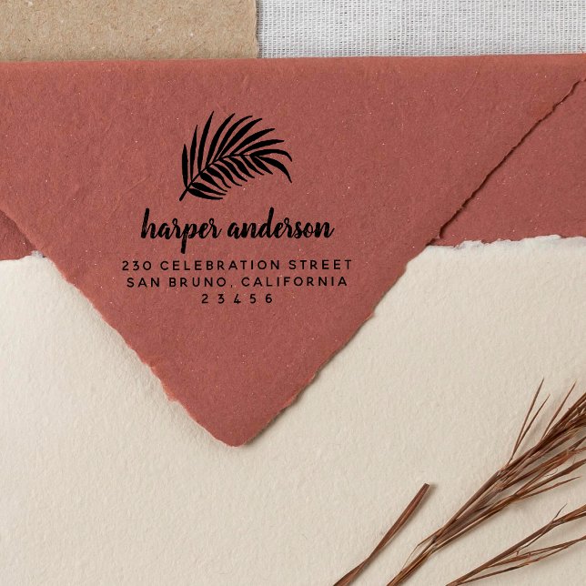 Palm Leaf & Brush Kalligraphie Name Rücksendeadres Gummistempel (Stamp Mock-up)