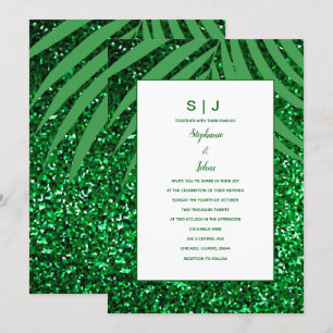 Palm Leaf Emerald Green Glitzer Tropical Wedding Einladung
