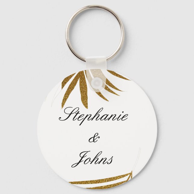 Palm Leaf Gold Glitzer Custom Couple Name Tropical Schlüsselanhänger (Vorderseite)