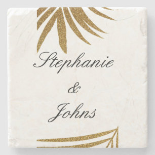 Palm Leaf Gold Glitzer Custom Couple Name Tropical Steinuntersetzer