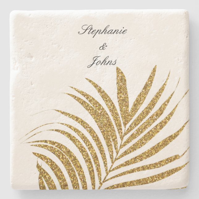 Palm Leaf Gold Glitzer Individuelle Name Hochzeits Steinuntersetzer (Vorderseite)