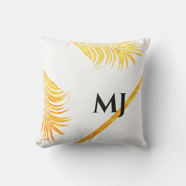 Palm Leaf Gold White Tropical Money Initialen Kissen (Vorderseite)
