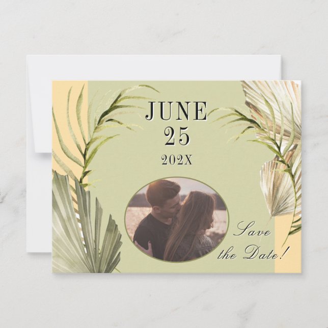Palm Leaf Greenery Save the Date Postcard (Vorderseite)