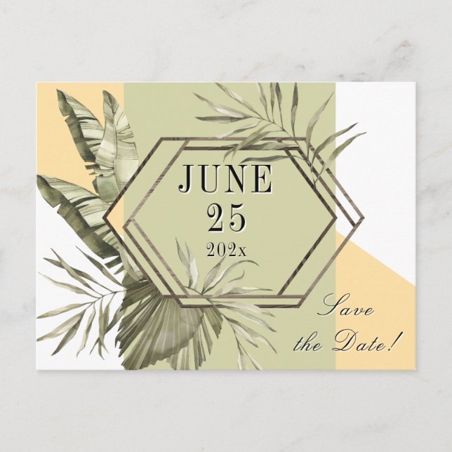 Palm Leaf Greenery Save the Date Postcard Postkarte (Vorderseite)
