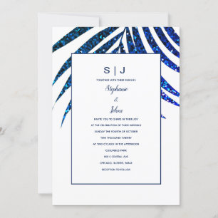 Palm Leaf Navy Blue Glitzer Tropical Wedding Einladung
