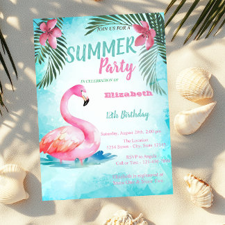 Palm Leaf, Pink Flamingos Geburtstag Einladung