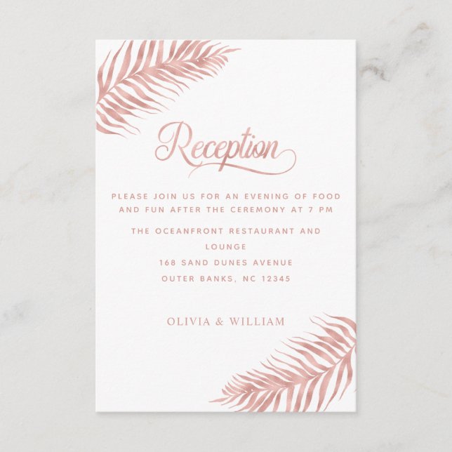 Palm Leaf Rose Gold White Wedding Empfang Begleitkarte (Vorderseite)