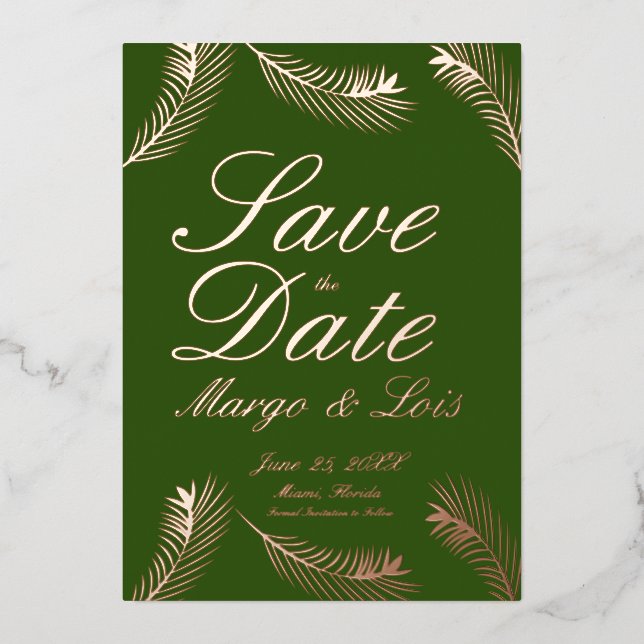 Palm Leaf Save the Date Green Gold gepresst Folieneinladung (Vorderseite)