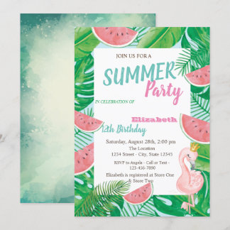 Palm Leaf Watermelon Pink Flamingo Birthday Party Einladung