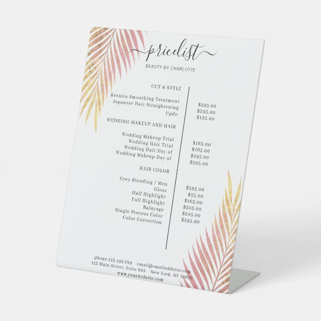 Palm Leafy Salon Preisliste Sockelschild (Vorderseite)