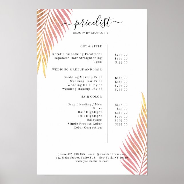 Palm Leafy Salon Price List Poster (Vorne)
