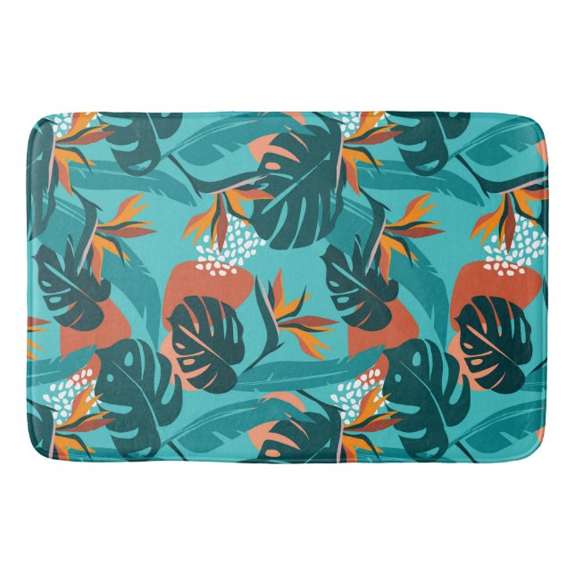 Palm leaves and hibiscus flower tropical pattern badematte (Vorderseite)