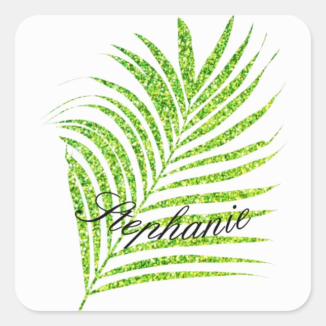 Palm Leaves Glittery Green Custom Name Cute Quadratischer Aufkleber (Vorderseite)