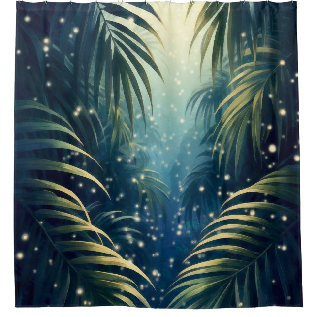 Palm leaves sparkled by moonshine and fireflies duschvorhang (Vorderseite)