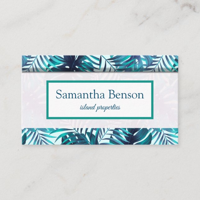 Palm Leaves Tropical Island Green & White Square B Visitenkarte (Vorderseite)