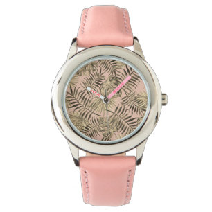 Palm-Monstera-Blatt tropisches Pfirsich-Rosa und G Armbanduhr