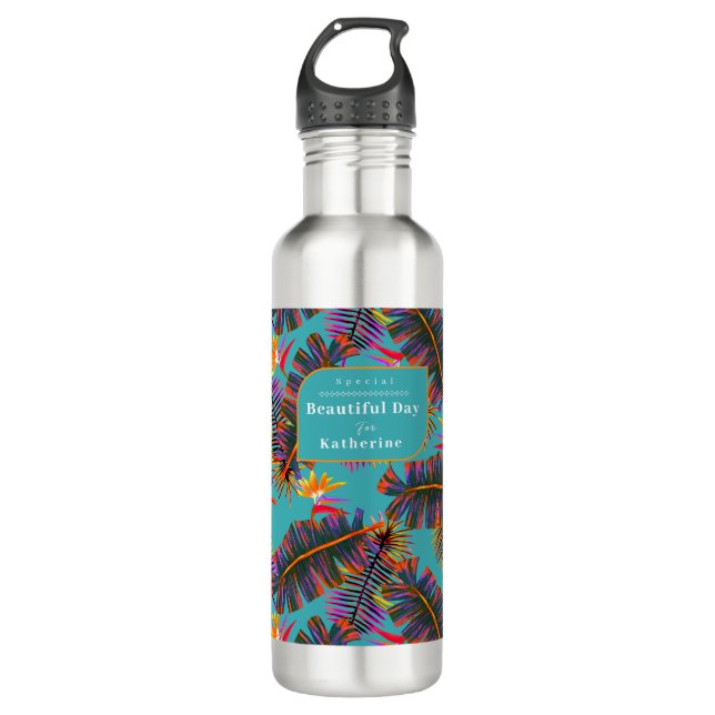 Palm Paradise Teal Edelstahlflasche (Vorderseite)