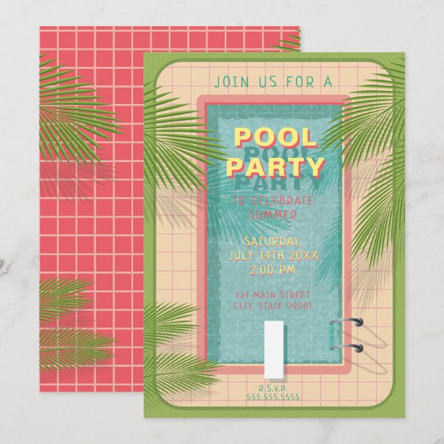 Palm Pool Party Einladung (Vorne/Hinten)