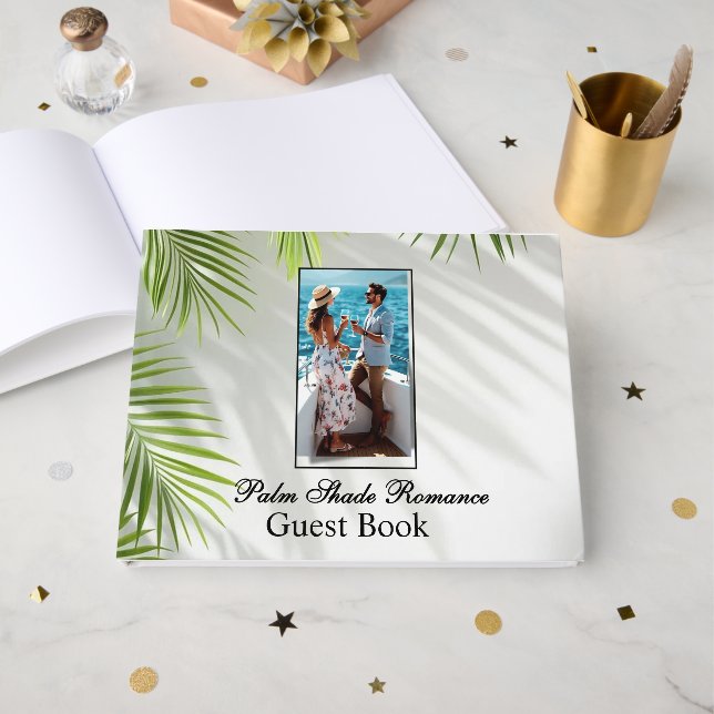 Palm Shadows Romance & Sea Wedding Gästebuch (Vorderseite Offen)
