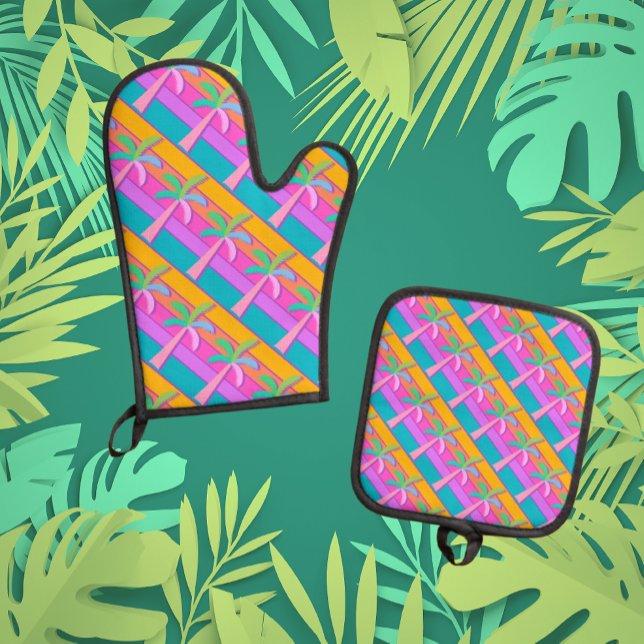 Palm Springs Bold Sunset Stripes Palm Tree Ofenhandschuh & Topflappen-Set (Makes a great hostess gift!)