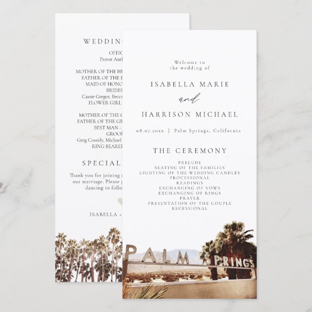 PALM SPRINGS California Palm Tree Wedding Program Dankeskarte (Vorne/Hinten)